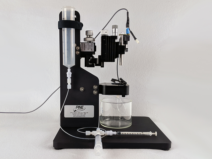 In-Vitro/FSCV Microelectrode Flow Cell with gravity feed buffer connection and Malli Adapter for working electrode connection