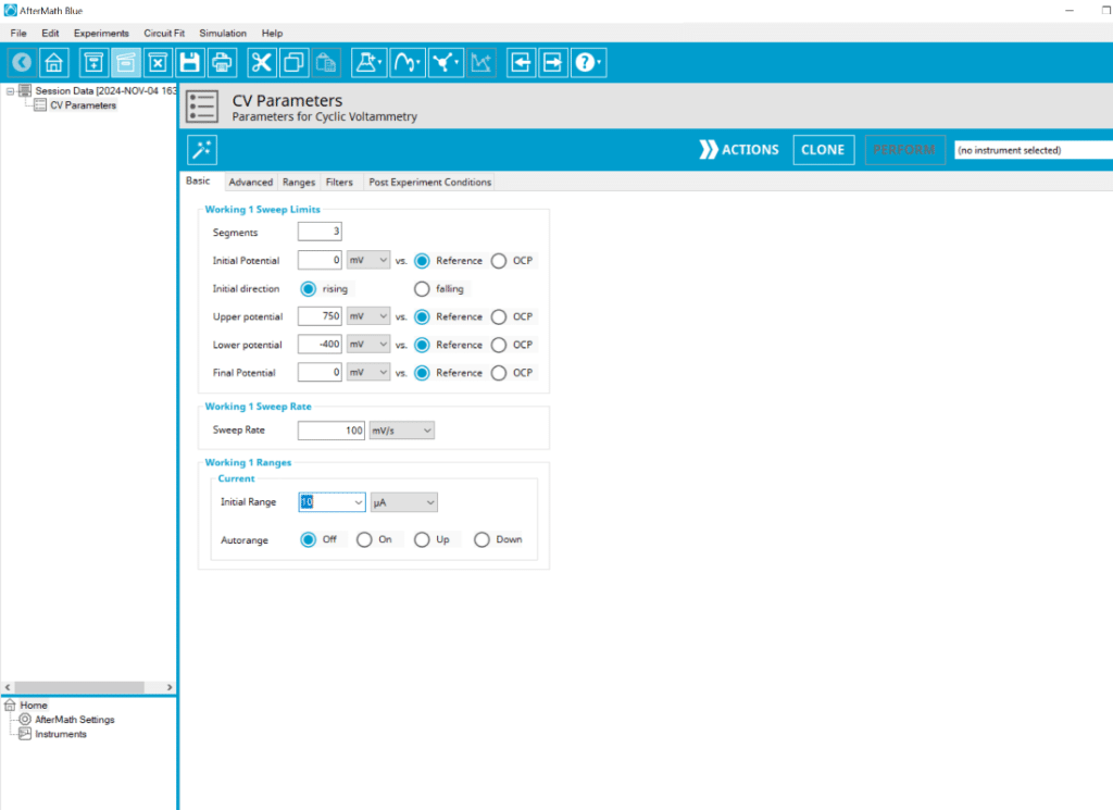 AfterMath CV Experimental Parameters